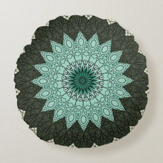 Coussins Ronds Kaleidoscope Mandala en vert et bleu