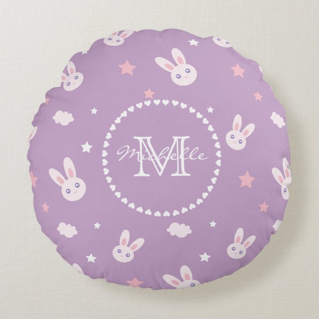 Coussins Ronds Kawaii Bunny Rabbit Pastel Purple Motif Monogramme (Devant)
