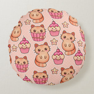 Coussins Ronds Kawaii Cute Cats and Cupcakes Motif rose