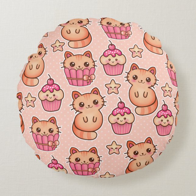 Coussins Ronds Kawaii Cute Cats and Cupcakes Motif rose (Devant)