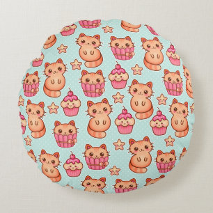 Coussins Ronds Kawaii Cute Cats Cupcakes Motif rose et bleu