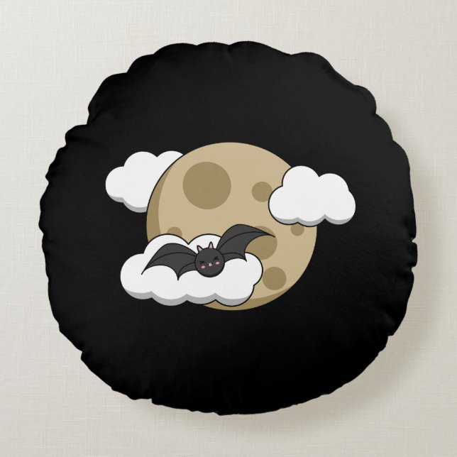 Coussins Ronds Kawaii Happy Bat Voler sur la Pleine lune (Devant)