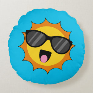 Coussins Ronds Kawaii Joyeux soleil avec lunettes de soleil