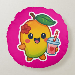 Coussins Ronds Kawaii Mango - Fruit d'amour avec Smoothi de coeur