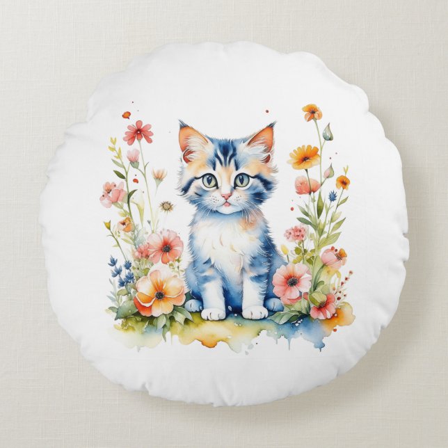 Coussins Ronds Kitten et fleurs personnalisés Nom du bébé (Devant)