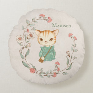 Coussins Ronds Kitty Chat Floral Nom personnalisé Girly Kitten