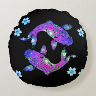 Coussins Ronds Koi poisson oriental yin yang noir violet fleuri