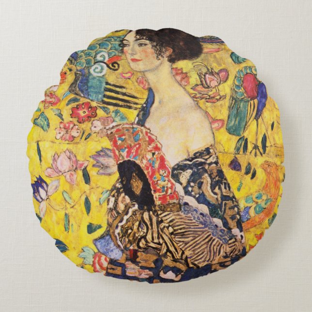 Coussins Ronds La Dame de Gustav Klimt avec un fan (Devant)