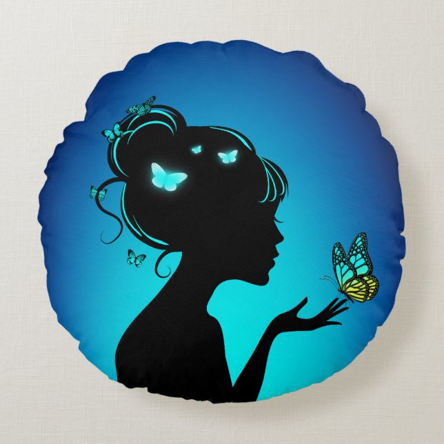 Coussins Ronds La femme papillons bleues (Devant)