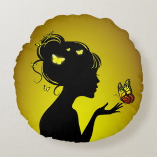 Coussins Ronds La femme papillons jaunes