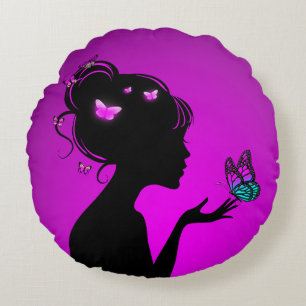 Coussins Ronds La femme papillons violets