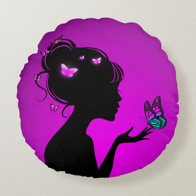 Coussins Ronds La femme papillons violets (Devant)