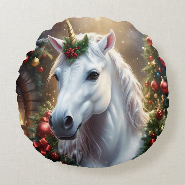 Coussins Ronds « La Licorne de Noël » (Devant)