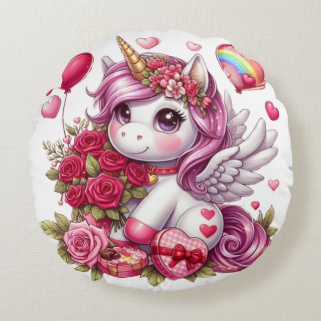 Coussins Ronds La mignonne Saint Valentin licorne (Devant)