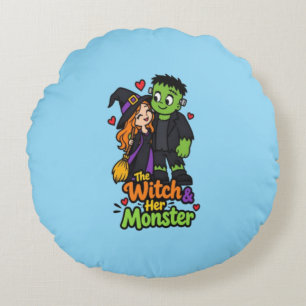 Coussins Ronds La Sorcière et Son Monstre Couple Mignon Halloween