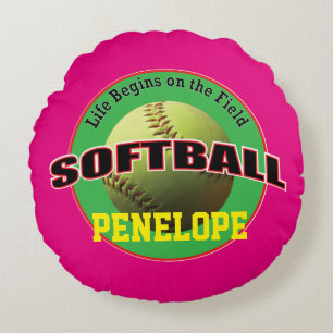 Coussins Ronds La vie du base-ball sur rose et vert avec le texte