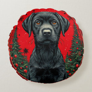 Coussins Ronds Labrador noir de Noël avec des arbres de fête