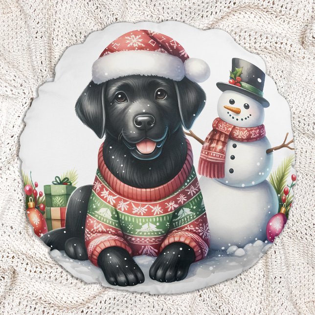 Coussins Ronds Labrador Retriever Dog Holiday Snowman Puppy (Créateur téléchargé)
