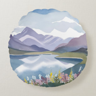 Coussins Ronds Lac de montagne   Paysage aquarelle floral