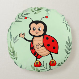 Coussins Ronds Ladybug Heureuse et Feuilles de Plante sur Fond Ve