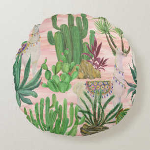 Coussins Ronds Lamas aquarelle et motif cactus.