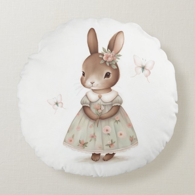 Coussins Ronds Lapin Brown en robe florale (Devant)