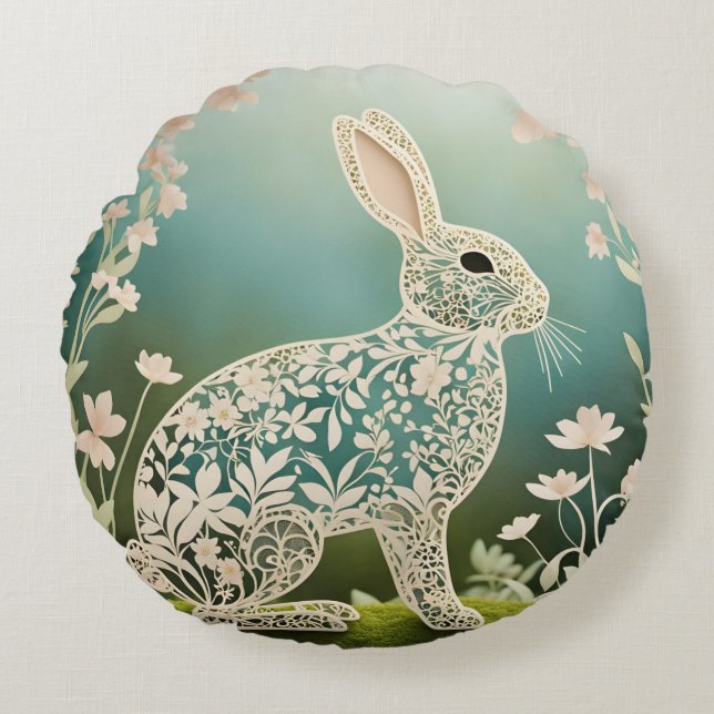 Coussins Ronds Lapin d'art floral blanc de printemps  (Devant)