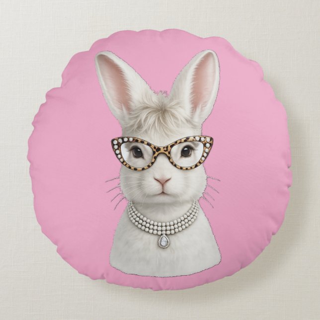Coussins Ronds Lapin de mode drôle avec des lunettes léopard (Devant)