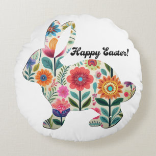 Coussins Ronds Lapin de Pâques Silhouette Fleurie Personnalisable