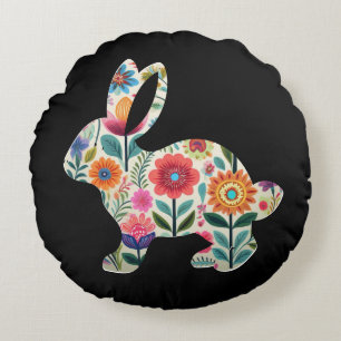 Coussins Ronds Lapin de Pâques Silhouette fleurie sur fond noir