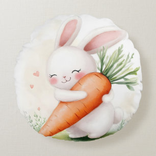 Coussins Ronds Lapin de printemps à l'aquarelle mignon avec carot