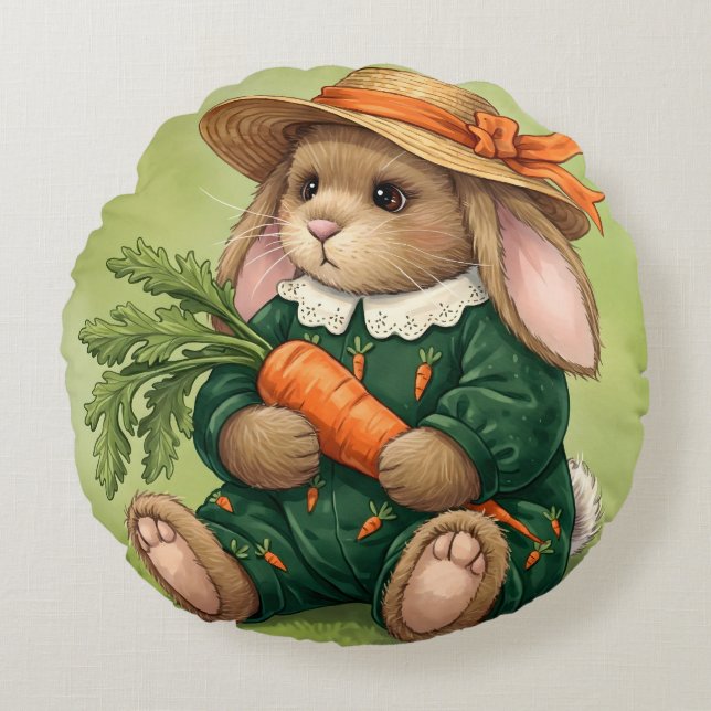 Coussins Ronds Lapin en costume vert avec carotte (Devant)