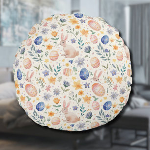 Coussins Ronds Lapin Fleurs Œufs Pastel Aquarelle Intemporel