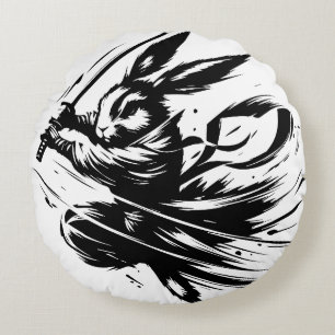 Coussins Ronds Lapin Guerrier à l'Encre Noire Samouraï