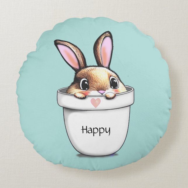 Coussins Ronds Lapin heureux mignon dans un pot de plante sur fon (Devant)