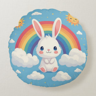 Coussins Ronds Lapin mignon flottant sur des nuages sous un arc-e