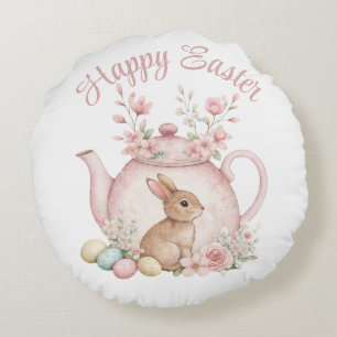 Coussins Ronds Lapin mignon & théière florale rose Joyeuses Pâque