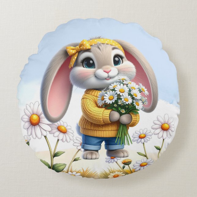 Coussins Ronds Lapin oreilles roses marguerites blanches  (Devant)