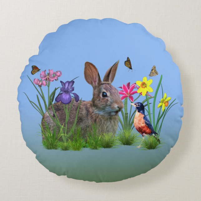 Coussins Ronds Lapin, Robin, et fleurs, personnalisables (Devant)