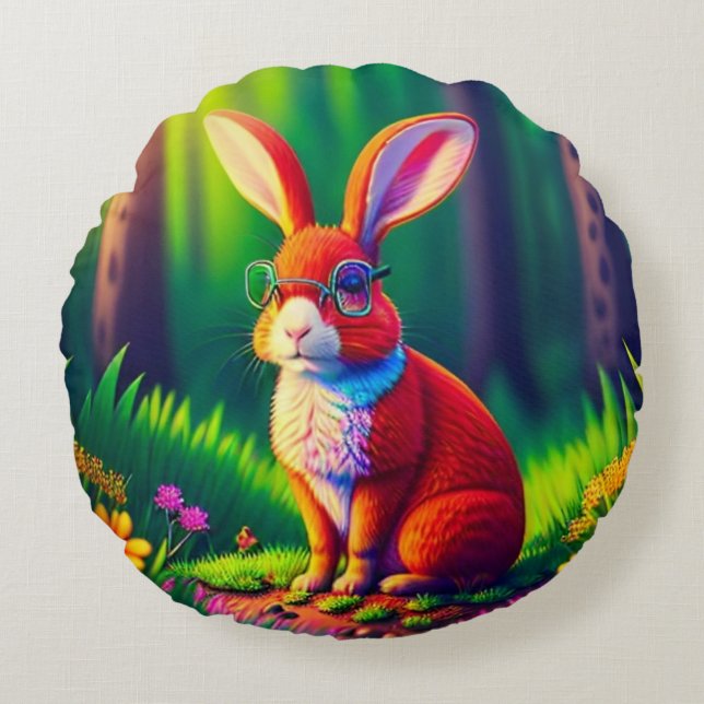Coussins Ronds Lapin Rouge assis sur l'herbe (Devant)