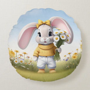 Coussins Ronds Lapin tenant un bouquet de marguerites blanches