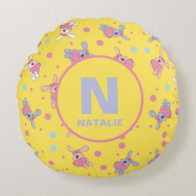 Coussins Ronds Lapins roses et pourpres sur un monogramme jaune (Devant)