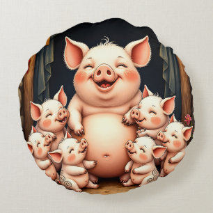 Coussins Ronds L'art du cochon - Mère et porcelets