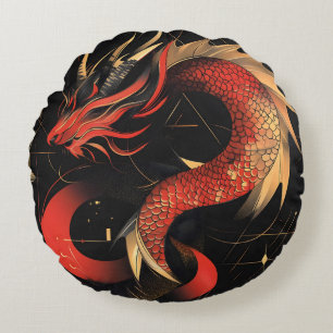Coussins Ronds L'art majestueux du Dragon chinois rouge et or