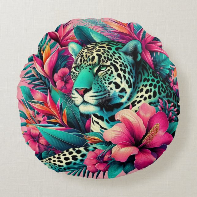 Coussins Ronds L'art tropical léopard rose (Devant)