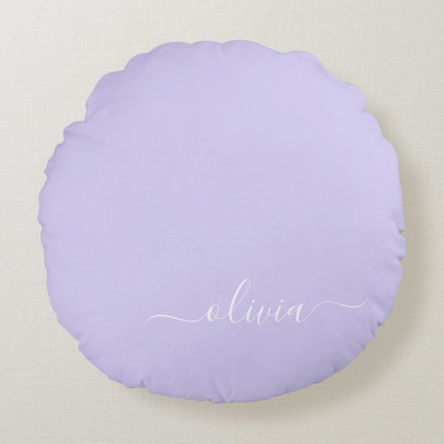 Coussins Ronds Lavande Purple Script Moderne Fille Monogramme Nom (Devant)
