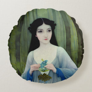 Coussins Ronds Lave-encre illustration de la belle femme à Woods