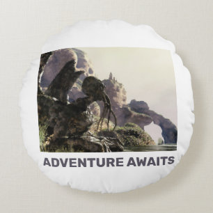Coussins Ronds L'aventure attend. Paysage fantastique