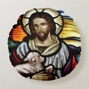 Coussins Ronds Le Bon Pasteur; Jésus sur le vitrail