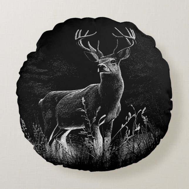 Coussins Ronds Le cerf majestueux en pleine nature - Art noir et  (Devant)